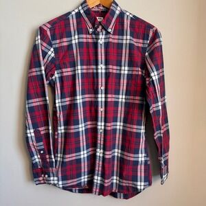 Uniqlo Mens Plaid Button‎ Down Long Sleeve Shirt Red Blue Medium Grunge College